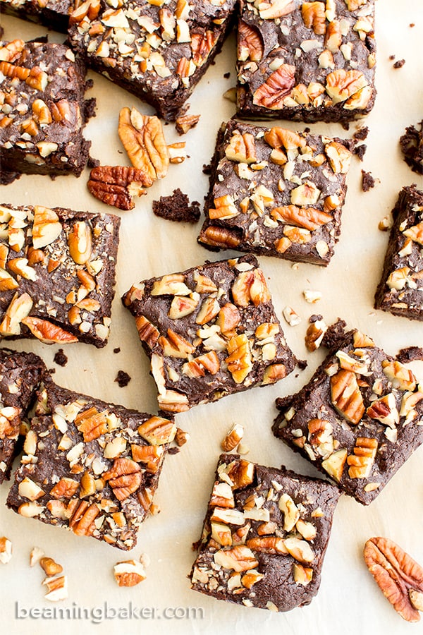 Double Chocolate Pecan Brownies (V, GF, DF): an easy recipe for rich, fudgy brownies packed with pecans and chocolate drizzle. #Vegan #GlutenFree #DairyFree | BeamingBaker.com