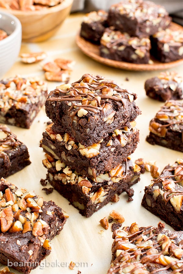 Double Chocolate Pecan Brownies (V, GF, DF): an easy recipe for rich, fudgy brownies packed with pecans and chocolate drizzle. #Vegan #GlutenFree #DairyFree | BeamingBaker.com