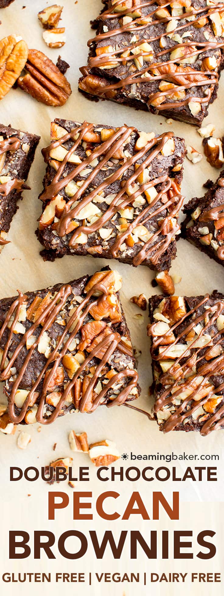 Double Chocolate Pecan Brownies (V, GF, DF): an easy recipe for rich, fudgy brownies packed with pecans and chocolate drizzle. #Vegan #GlutenFree #DairyFree | BeamingBaker.com