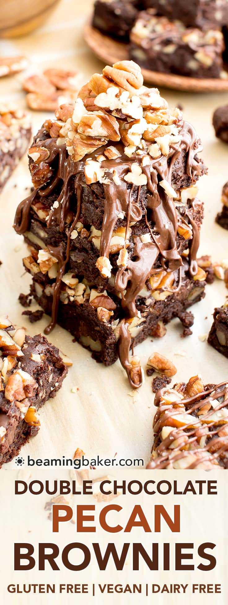 Double Chocolate Pecan Brownies (V, GF, DF): an easy recipe for rich, fudgy brownies packed with pecans and chocolate drizzle. #Vegan #GlutenFree #DairyFree | BeamingBaker.com