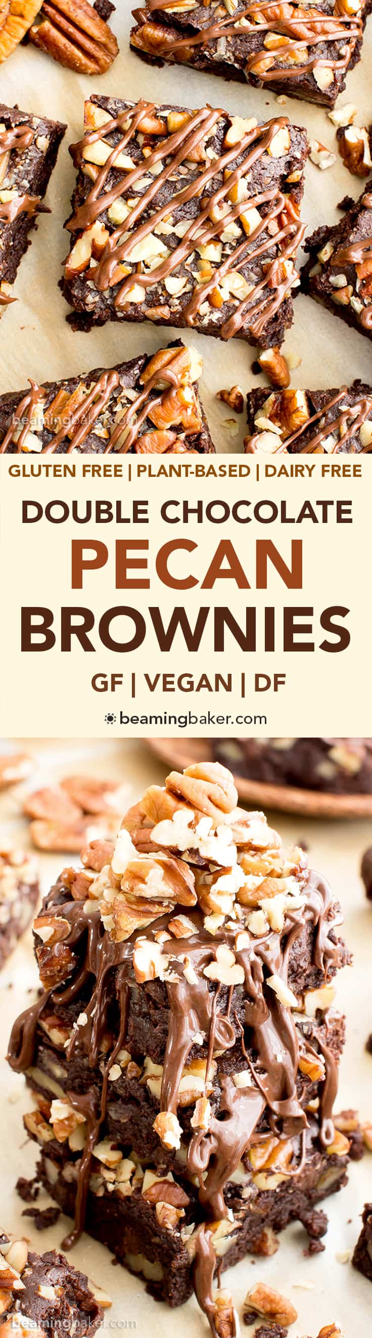 Double Chocolate Pecan Brownies (V, GF, DF): an easy recipe for rich, fudgy brownies packed with pecans and chocolate drizzle. #Vegan #GlutenFree #DairyFree | BeamingBaker.com