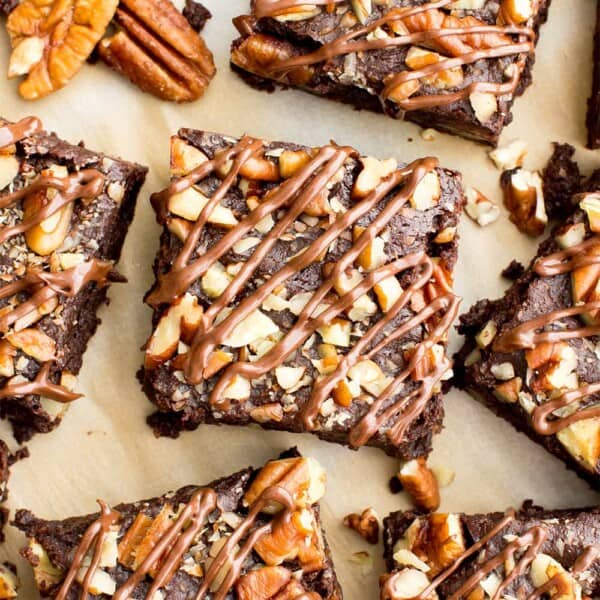 Double Chocolate Pecan Brownies (V, GF, DF): an easy recipe for rich, fudgy brownies packed with pecans and chocolate drizzle. #Vegan #GlutenFree #DairyFree | BeamingBaker.com