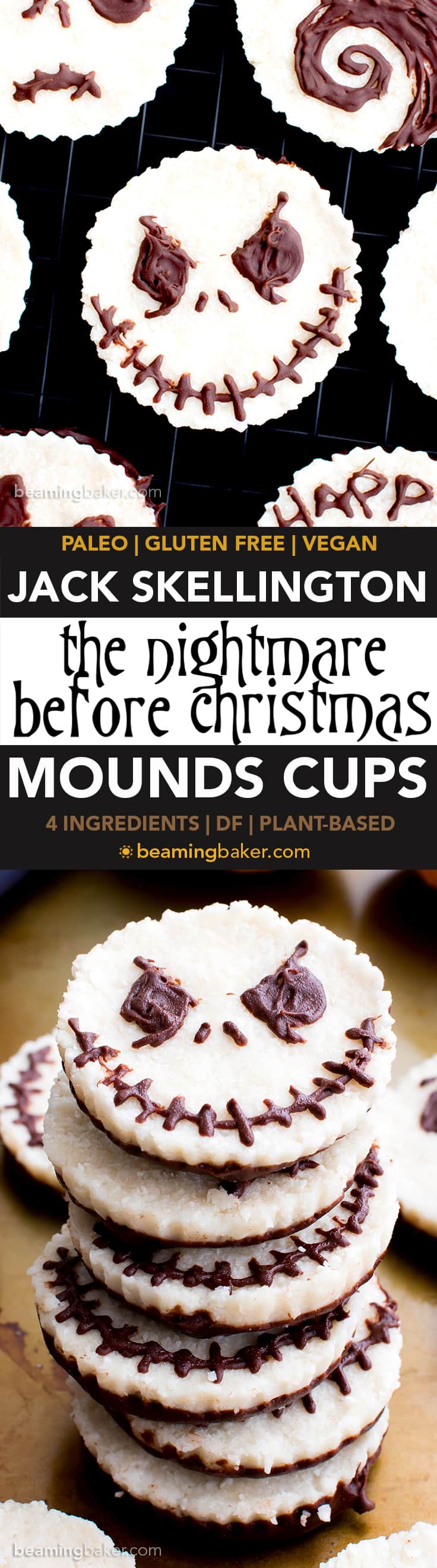 Jack Skellington Mounds Cups (V, GF): a spooktacular 4-ingredient recipe for paleo mounds cups inspired by The Nightmare Before Christmas. #Paleo #Vegan #GlutenFree #DairyFree | BeamingBaker.com