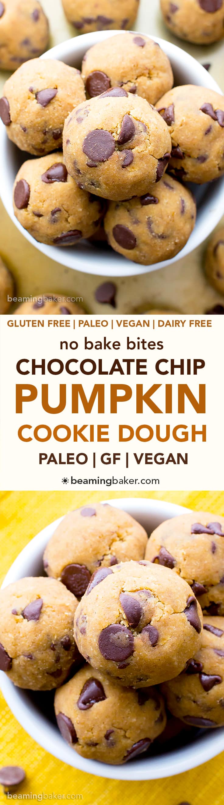 No Bake Pumpkin Chocolate Chip Cookie Dough Bites (Paleo, V, GF): a one bowl recipe for delicious cookie dough bites packed with pumpkin and chocolate chips. #Paleo #Vegan #GlutenFree #DairyFree | BeamingBaker.com