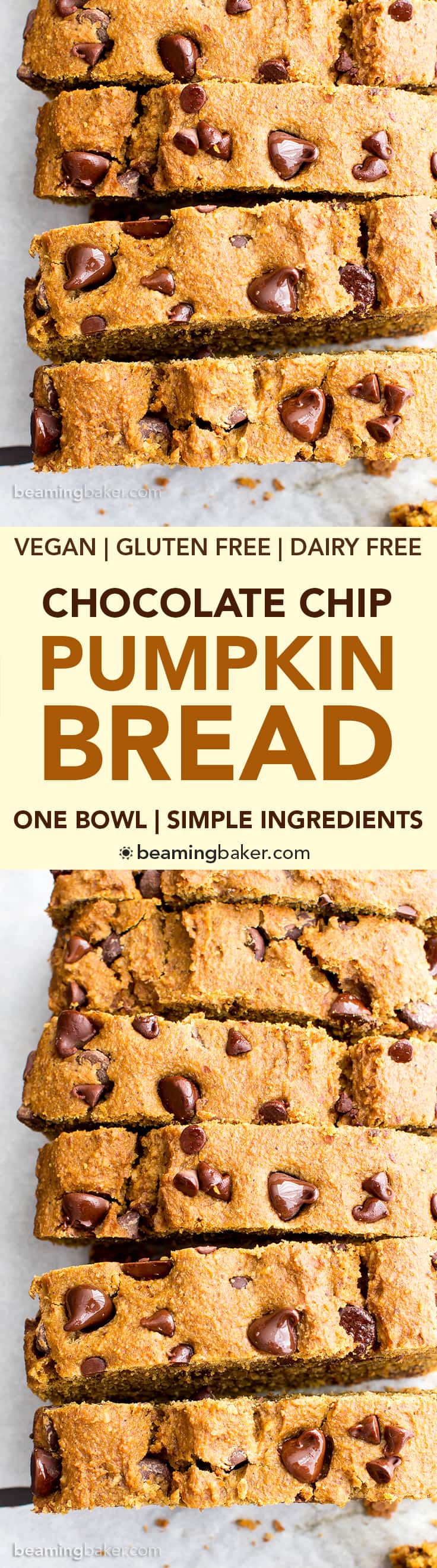 One Bowl Gluten Free Vegan Pumpkin Chocolate Chip Bread (V, GF, DF): an easy, one bowl recipe for perfectly moist pumpkin bread bursting with chocolate chips. #Vegan #GlutenFree #DairyFree | BeamingBaker.com