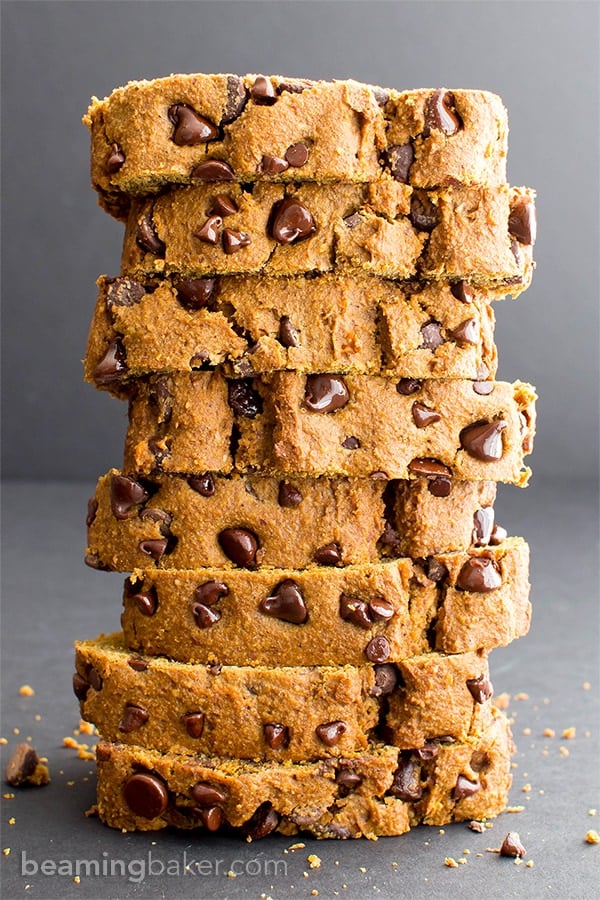 One Bowl Gluten Free Vegan Pumpkin Chocolate Chip Bread (V, GF, DF): an easy, one bowl recipe for perfectly moist pumpkin bread bursting with chocolate chips. #Vegan #GlutenFree #DairyFree | BeamingBaker.com