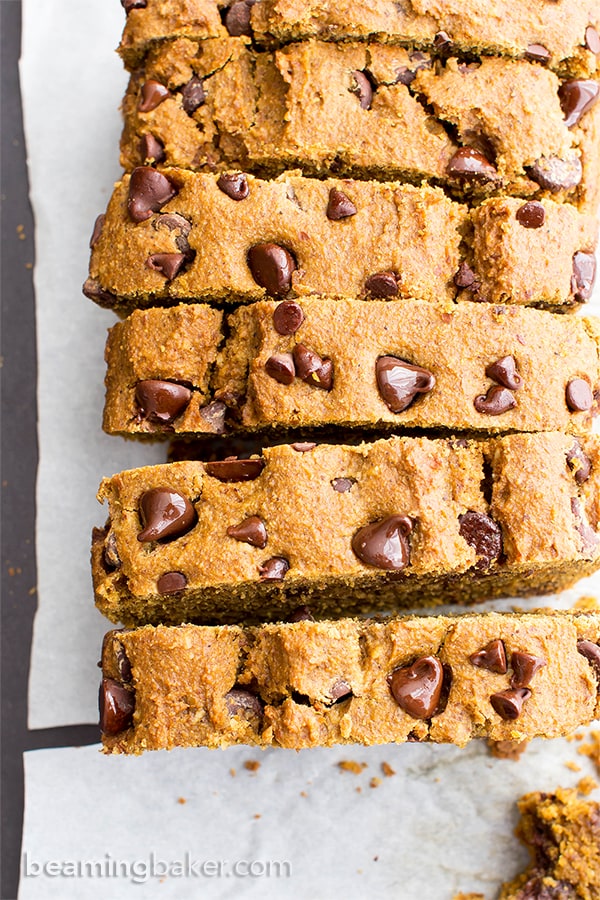 One Bowl Gluten Free Vegan Pumpkin Chocolate Chip Bread (V, GF, DF): an easy, one bowl recipe for perfectly moist pumpkin bread bursting with chocolate chips. #Vegan #GlutenFree #DairyFree | BeamingBaker.com