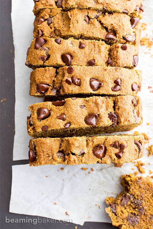 One Bowl Gluten Free Vegan Pumpkin Chocolate Chip Bread (V, GF, DF): an easy, one bowl recipe for perfectly moist pumpkin bread bursting with chocolate chips. #Vegan #GlutenFree #DairyFree | BeamingBaker.com