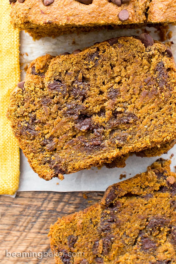 One Bowl Gluten Free Vegan Pumpkin Chocolate Chip Bread (V, GF, DF): an easy, one bowl recipe for perfectly moist pumpkin bread bursting with chocolate chips. #Vegan #GlutenFree #DairyFree | BeamingBaker.com