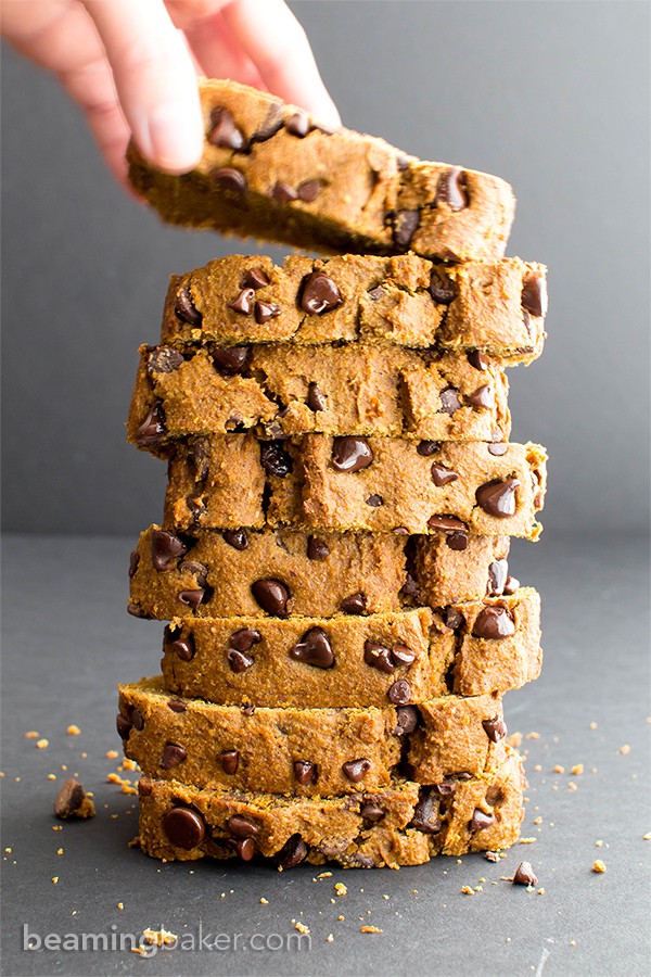 One Bowl Gluten Free Vegan Pumpkin Chocolate Chip Bread (V, GF, DF): an easy, one bowl recipe for perfectly moist pumpkin bread bursting with chocolate chips. #Vegan #GlutenFree #DairyFree | BeamingBaker.com