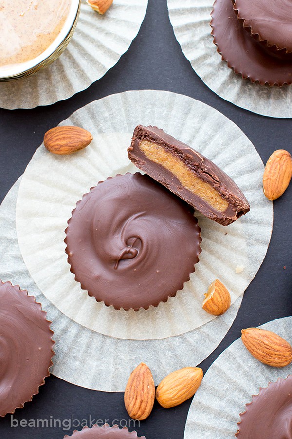 Paleo Almond Butter Cups (V, GF, DF): a 5 ingredient recipe for rich chocolate cups stuffed with smooth almond butter. #Paleo #Vegan #GlutenFree #DairyFree | BeamingBaker.com