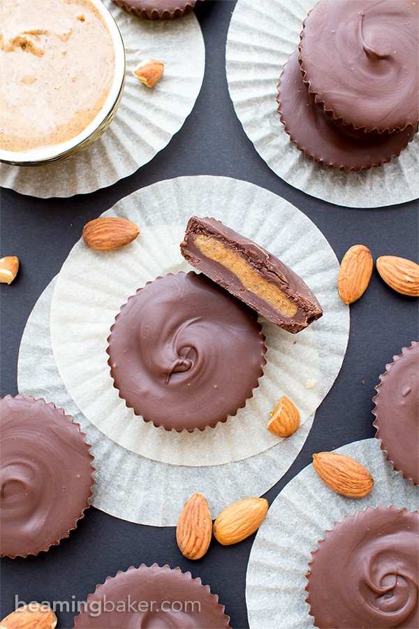 Paleo Almond Butter Cups (V, GF, DF): a 5 ingredient recipe for rich chocolate cups stuffed with smooth almond butter. #Paleo #Vegan #GlutenFree #DairyFree | BeamingBaker.com