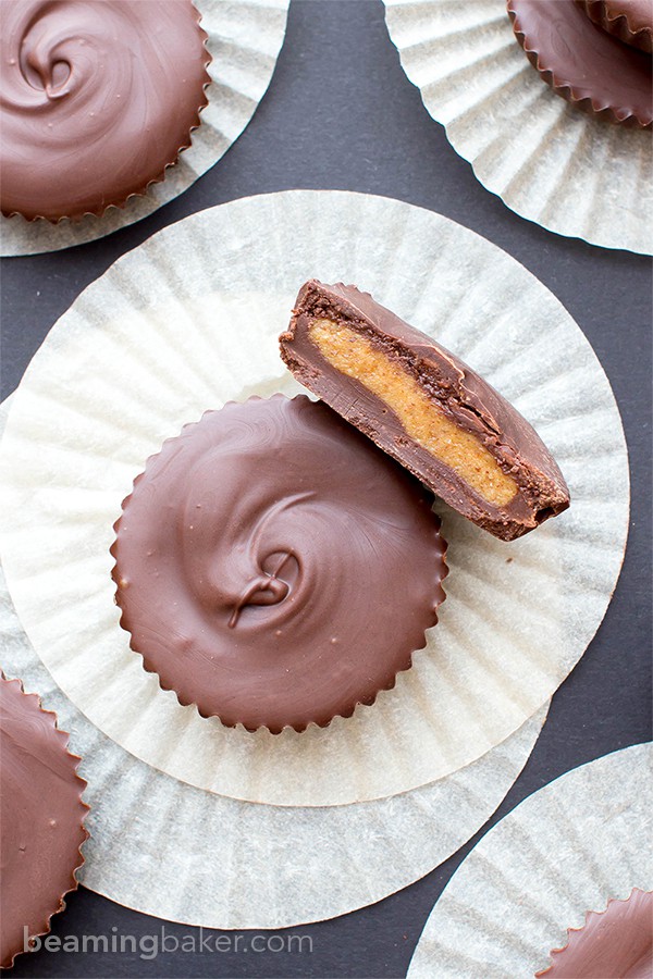 Paleo Almond Butter Cups (V, GF, DF): a 5 ingredient recipe for rich chocolate cups stuffed with smooth almond butter. #Paleo #Vegan #GlutenFree #DairyFree | BeamingBaker.com