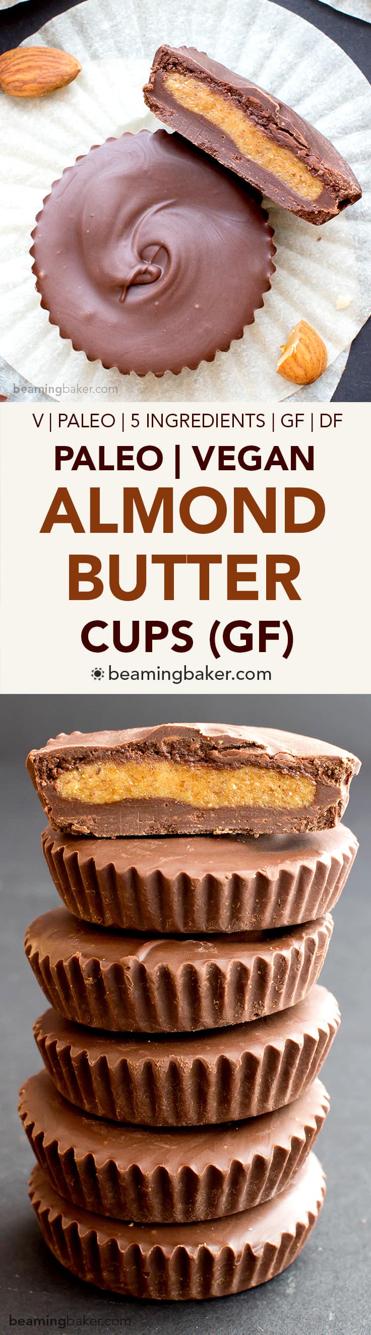 Paleo Almond Butter Cups (V, GF, DF): a 5 ingredient recipe for rich chocolate cups stuffed with smooth almond butter. #Paleo #Vegan #GlutenFree #DairyFree | BeamingBaker.com