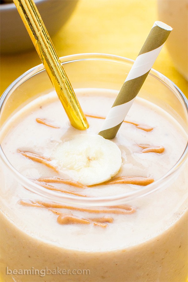 Peanut Butter Banana Ice Cream Smoothie (V, GF, DF): 10 grams of protein per serving. A 3-ingredient recipe for creamy, thick, protein-packed peanut butter smoothies that taste like ice cream. #Vegan #GlutenFree #DairyFree | BeamingBaker.com