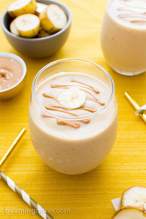 Peanut Butter Banana Ice Cream Smoothie (V, GF, DF): a 3 ingredient recipe for creamy, thick peanut butter smoothies packed with 10 grams of protein. #Vegan #DairyFree #GlutenFree | BeamingBaker.com