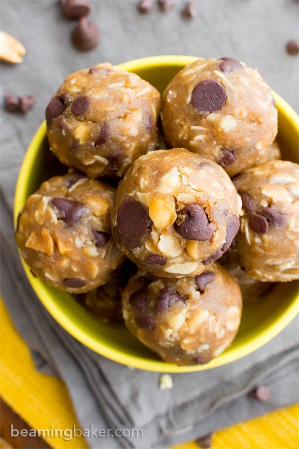 Peanut Butter Chocolate Chip Cookie Dough Bites (V, GF, DF): an easy, whole ingredient recipe for protein-packed cookie dough bites bursting with PB and chocolate flavor. #Vegan #GlutenFree #DairyFree | BeamingBaker.com