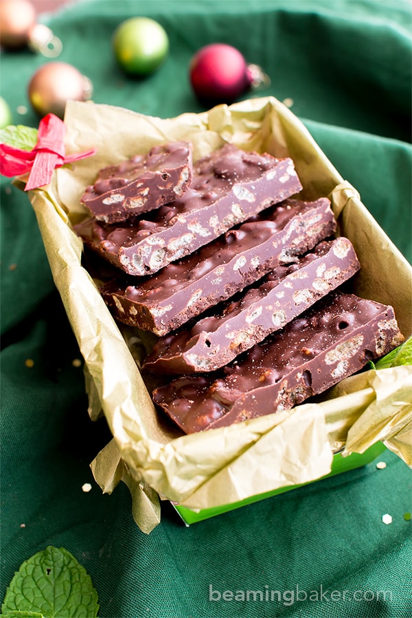 4 Ingredient Peppermint Chocolate Crunch Bars (Gluten Free, Vegan, Dairy-Free): a one bowl, 4-ingredient recipe for crispy, cool mint crunch bars perfect for the holidays! #Vegan #GlutenFree #DairyFree | BeamingBaker.com