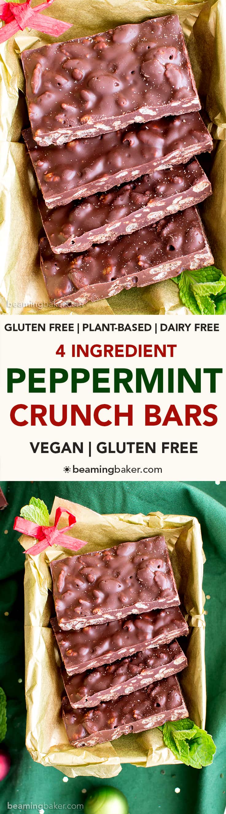 4 Ingredient Peppermint Chocolate Crunch Bars (Gluten Free, Vegan, Dairy-Free): a one bowl, 4-ingredient recipe for crispy, cool mint crunch bars perfect for the holidays! #Vegan #GlutenFree #DairyFree | BeamingBaker.com