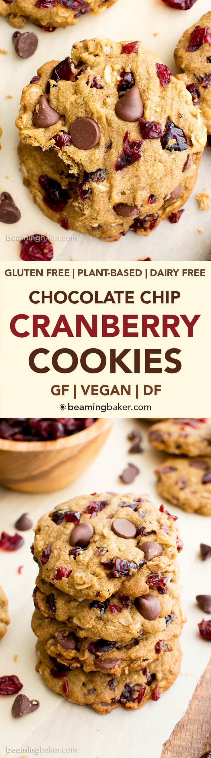 Vegan Cranberry Chocolate Chip Cookies (V, GF, DF): an easy recipe for oat flour cranberry chocolate chip cookies made with whole ingredients. #Vegan #GlutenFree #OatFlour #DairyFree | BeamingBaker.com