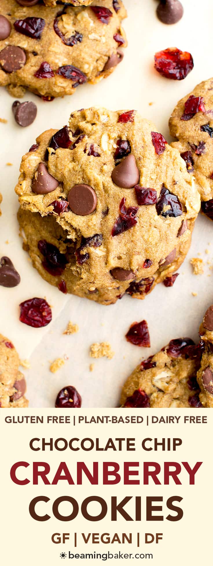 Vegan Cranberry Chocolate Chip Cookies (V, GF, DF): an easy recipe for oat flour cranberry chocolate chip cookies made with whole ingredients. #Vegan #GlutenFree #OatFlour #DairyFree | BeamingBaker.com