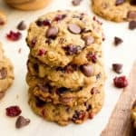 Vegan Cranberry Chocolate Chip Cookies (V, GF, DF): an easy recipe for oat flour cranberry chocolate chip cookies made with whole ingredients. #Vegan #GlutenFree #OatFlour #DairyFree | BeamingBaker.com