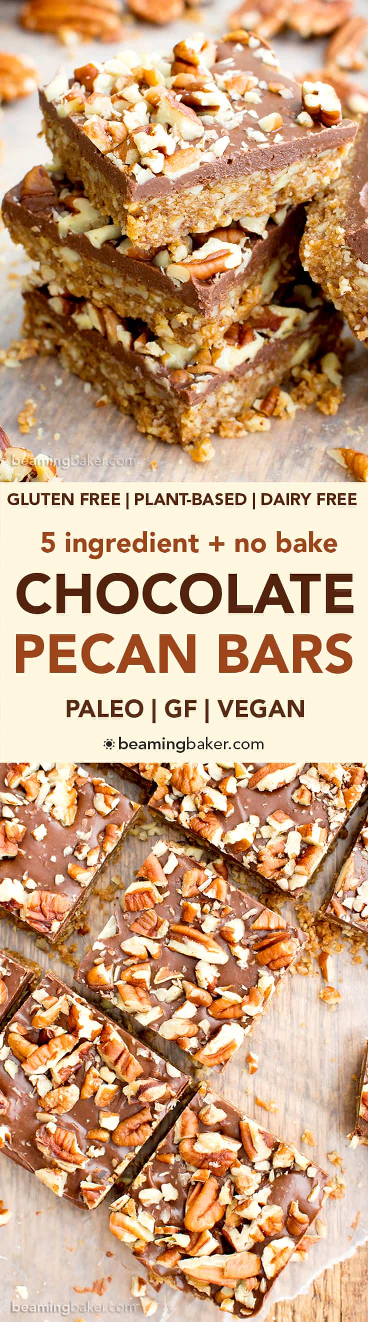 No Bake Paleo Chocolate Pecan Bars (V, GF, Paleo): a 5-ingredient, no bake recipe for deliciously textured pecan bars topped with a thick layer of chocolate and nuts. #Paleo #Vegan #GlutenFree #DairyFree | BeamingBaker.com