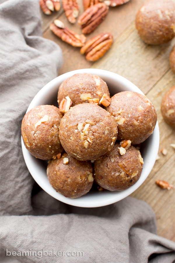 15 Healthy Protein-Packed No Bake Energy Bite Recipes (V, GF): a tasty collection of protein-rich no bake bites made with whole ingredients. #Paleo #Vegan #GlutenFree #DairyFree | BeamingBaker.com