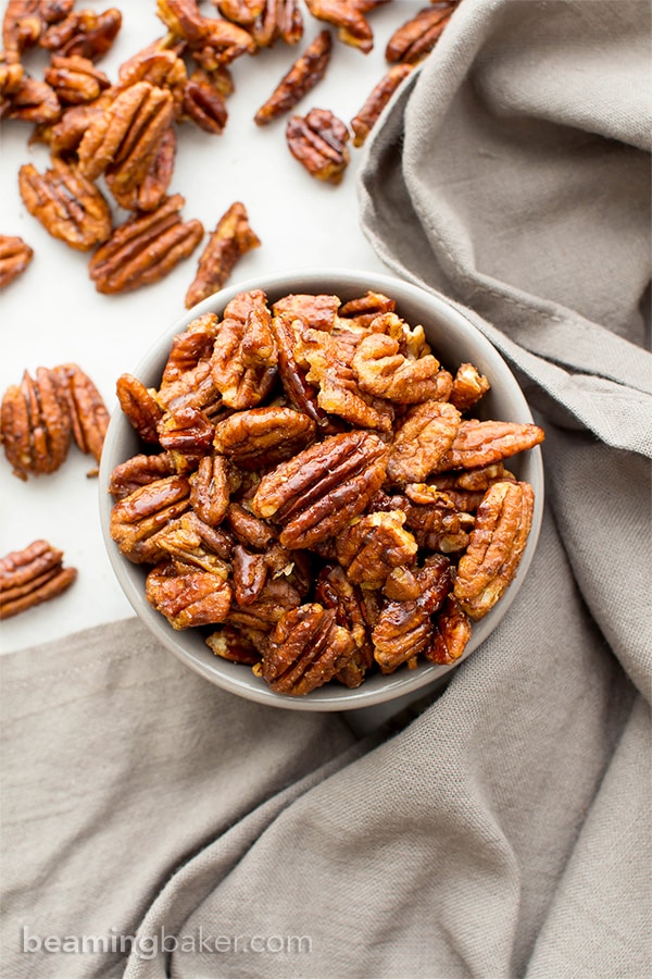 Skillet Roasted Maple Cinnamon Pecans: this 5 minute maple pecans recipe is quick & easy! The ultimate maple roasted pecans with cinnamon & coconut sugar! #Paleo #Snacks #Pecans #Maple | Recipe at BeamingBaker.com