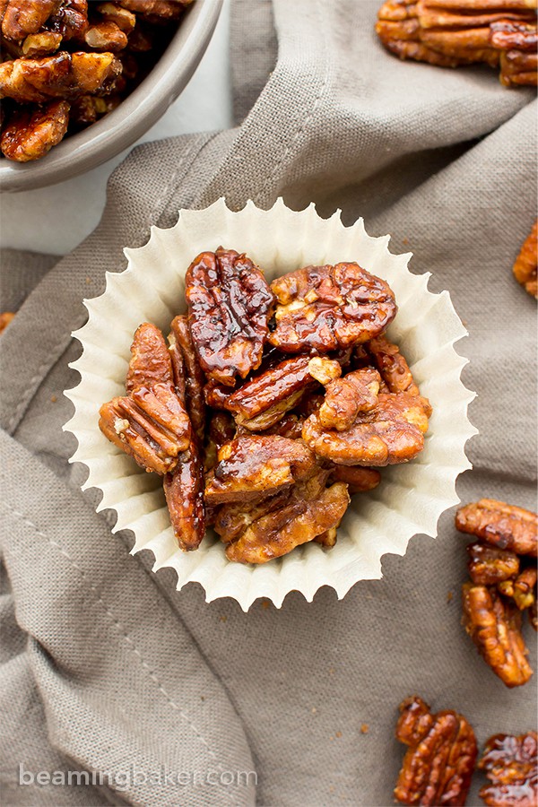 Skillet Roasted Maple Cinnamon Pecans: this 5 minute maple pecans recipe is quick & easy! The ultimate maple roasted pecans with cinnamon & coconut sugar! #Paleo #Snacks #Pecans #Maple | Recipe at BeamingBaker.com