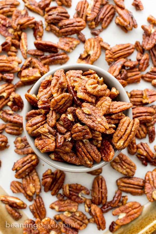 Skillet-Roasted Maple Cinnamon Pecans (V, GF, Paleo): a 6-ingredient recipe for warm, cozy skillet-roasted pecans glazed with coconut sugar and cinnamon. #Paleo #Vegan #GlutenFree #DairyFree | BeamingBaker.com