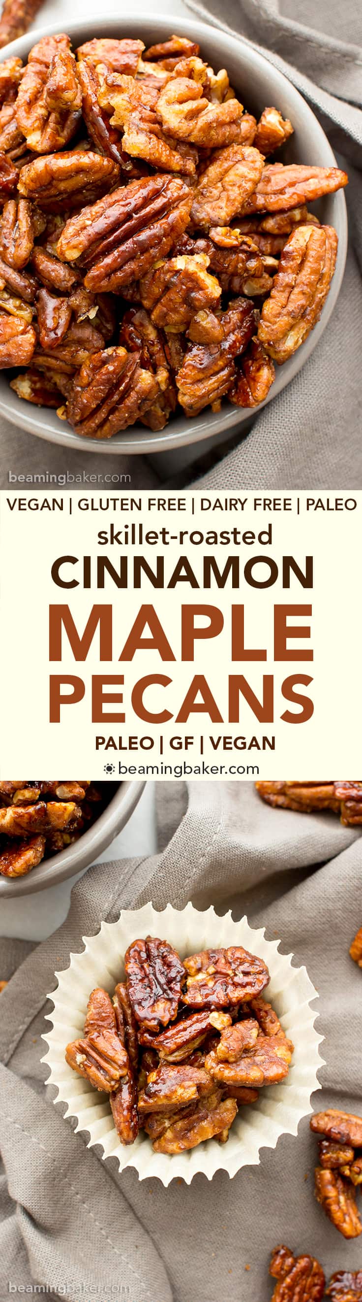 Skillet-Roasted Maple Cinnamon Pecans (V, GF, Paleo): a 6-ingredient recipe for warm, cozy skillet-roasted pecans glazed with coconut sugar and cinnamon. #Paleo #Vegan #GlutenFree #DairyFree | BeamingBaker.com