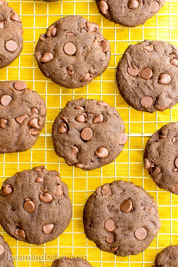 Vegan Double Chocolate Chip Cookies (V, GF, DF): an easy recipe for soft, decadent chocolate cookies packed with chocolate chips. #Vegan #GlutenFree #DairyFree | BeamingBaker.com