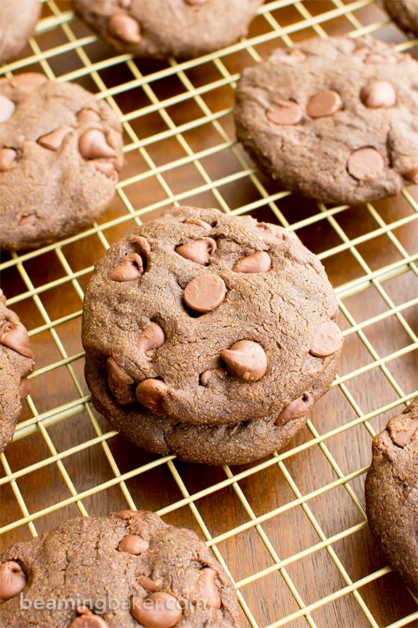 Vegan Double Chocolate Chip Cookies (V, GF, DF): an easy recipe for soft, decadent chocolate cookies packed with chocolate chips. #Vegan #GlutenFree #DairyFree | BeamingBaker.com