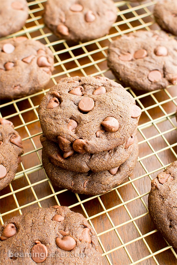 Vegan Double Chocolate Chip Cookies (V, GF, DF): an easy recipe for soft, decadent chocolate cookies packed with chocolate chips. #Vegan #GlutenFree #DairyFree | BeamingBaker.com