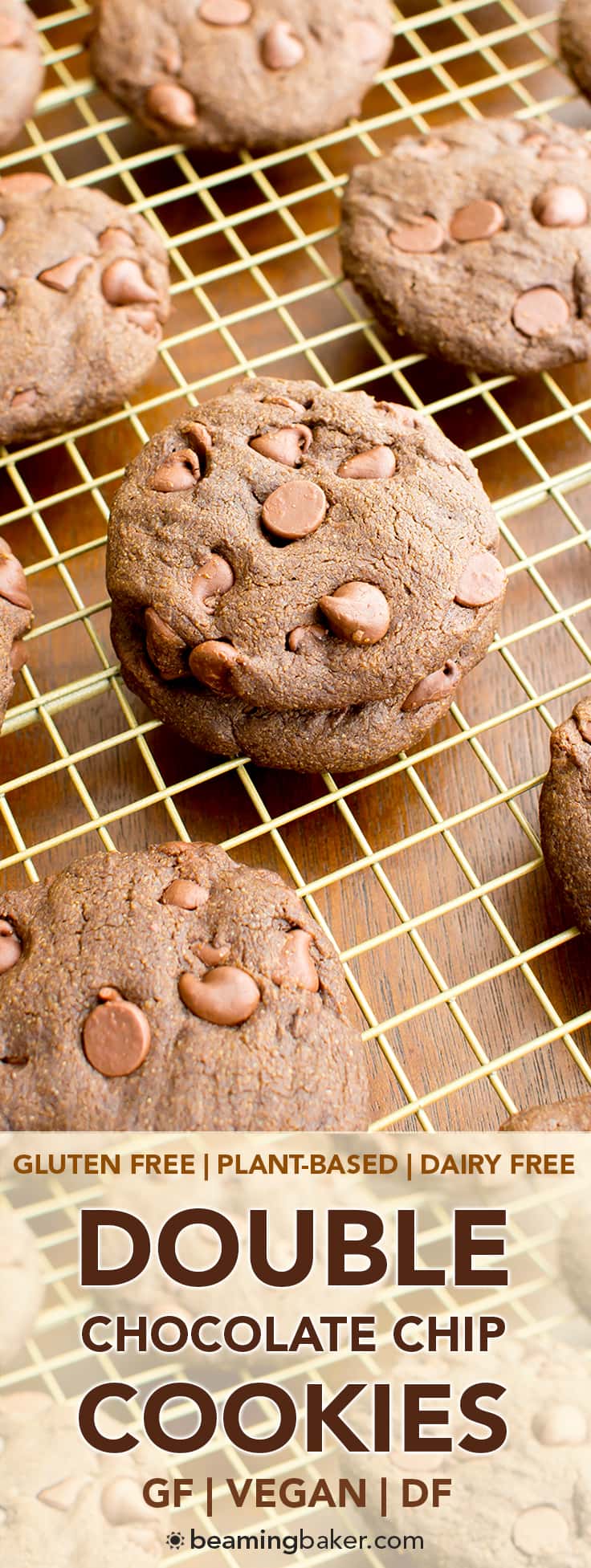 Vegan Double Chocolate Chip Cookies (V, GF, DF): an easy recipe for soft, decadent chocolate cookies packed with chocolate chips. #Vegan #GlutenFree #DairyFree | BeamingBaker.com