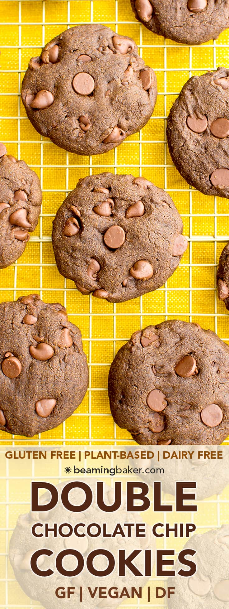 Vegan Double Chocolate Chip Cookies (V, GF, DF): an easy recipe for soft, decadent chocolate cookies packed with chocolate chips. #Vegan #GlutenFree #DairyFree | BeamingBaker.com
