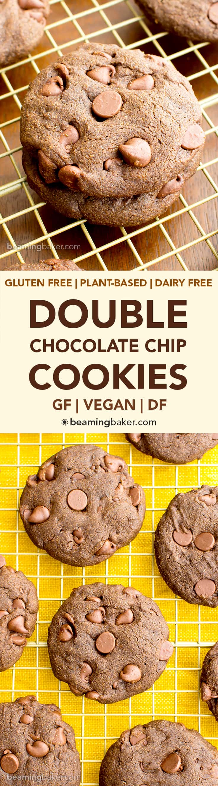 Vegan Double Chocolate Chip Cookies (V, GF, DF): an easy recipe for soft, decadent chocolate cookies packed with chocolate chips. #Vegan #GlutenFree #DairyFree | BeamingBaker.com