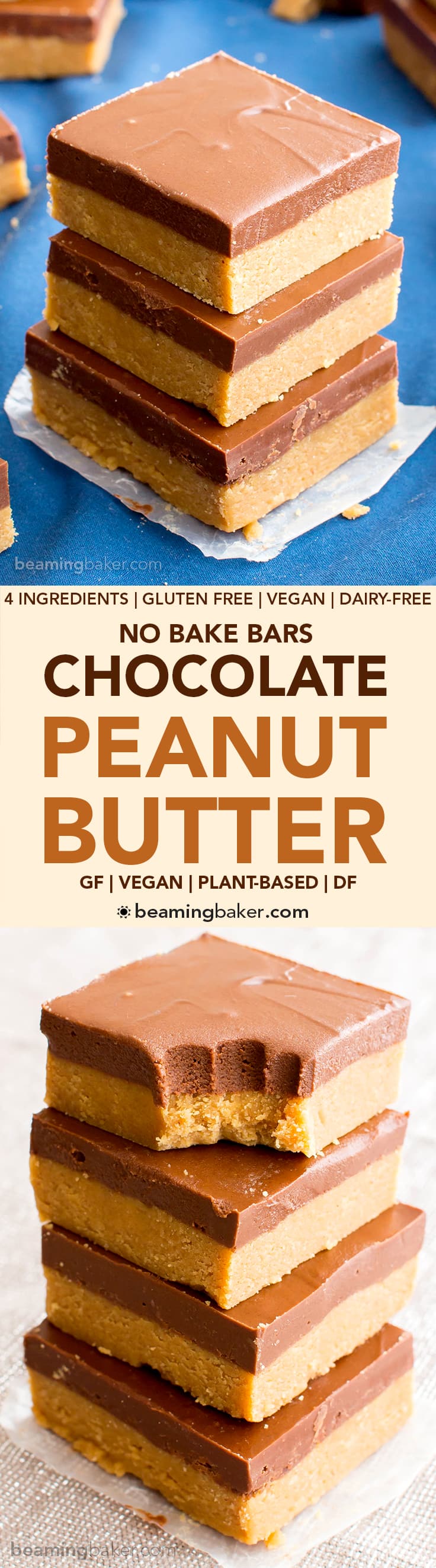 Easy Vegan Chocolate Peanut Butter Bars (V, GF): a 4 ingredient, easy recipe for healthy gluten free peanut butter bars! The best dairy free dessert recipe & no bake! #Vegan #GlutenFree #PeanutButter #DairyFree #Healthy | Recipe at BeamingBaker.com