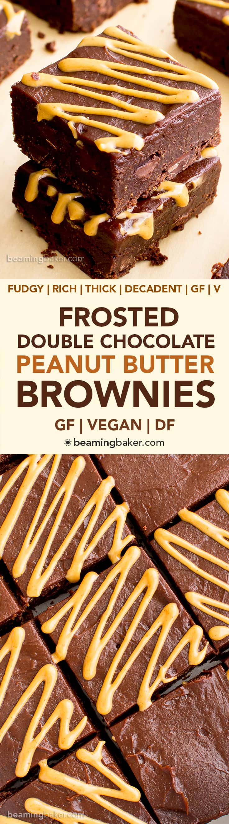 Double Chocolate Frosted Peanut Butter Brownies (V, GF, DF): an easy recipe for rich, fudgy peanut butter brownies slathered in chocolate PB frosting. #Vegan #GlutenFree #DairyFree | BeamingBaker.com