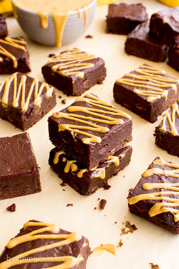 Double Chocolate Frosted Peanut Butter Brownies (V, GF, DF): an easy recipe for rich, fudgy peanut butter brownies slathered in chocolate PB frosting. #Vegan #GlutenFree #DairyFree | BeamingBaker.com