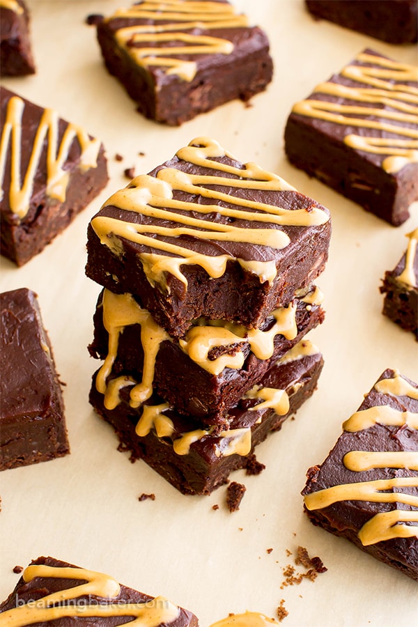 Double Chocolate Frosted Peanut Butter Brownies (V, GF, DF): an easy recipe for rich, fudgy peanut butter brownies slathered in chocolate PB frosting. #Vegan #GlutenFree #DairyFree | BeamingBaker.com