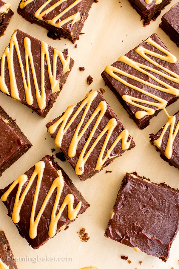 Double Chocolate Frosted Peanut Butter Brownies (V, GF, DF): an easy recipe for rich, fudgy peanut butter brownies slathered in chocolate PB frosting. #Vegan #GlutenFree #DairyFree | BeamingBaker.com