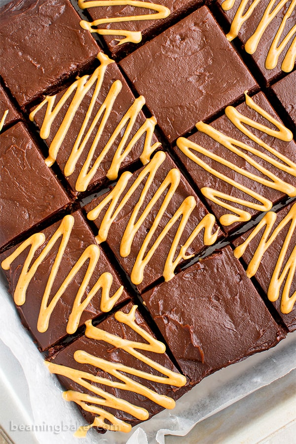 Double Chocolate Frosted Peanut Butter Brownies (V, GF, DF): an easy recipe for rich, fudgy peanut butter brownies slathered in chocolate PB frosting. #Vegan #GlutenFree #DairyFree | BeamingBaker.com
