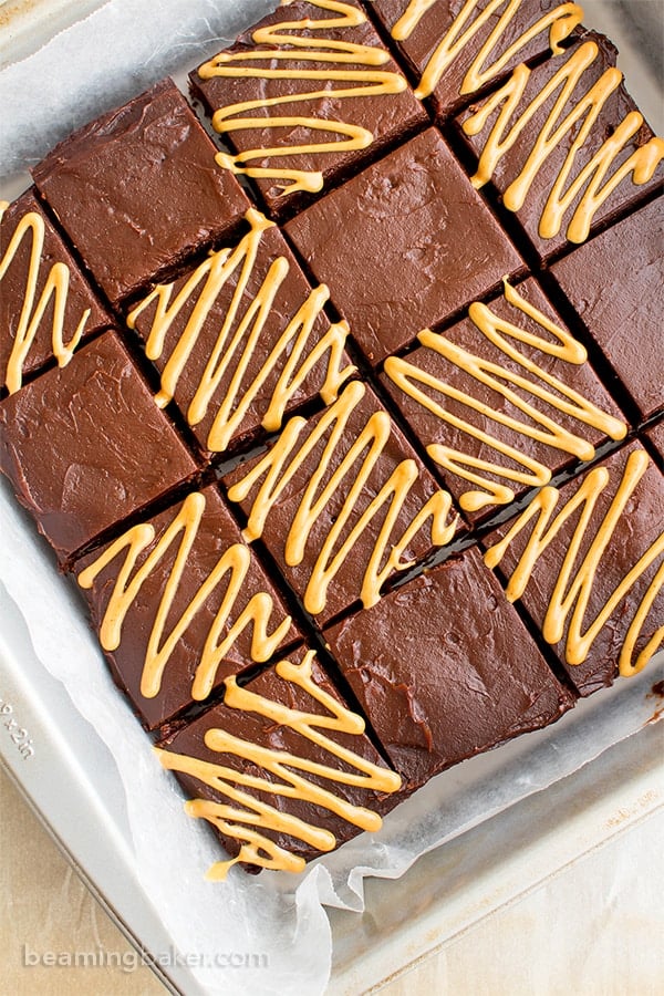 Double Chocolate Frosted Peanut Butter Brownies (V, GF, DF): an easy recipe for rich, fudgy peanut butter brownies slathered in chocolate PB frosting. #Vegan #GlutenFree #DairyFree | BeamingBaker.com