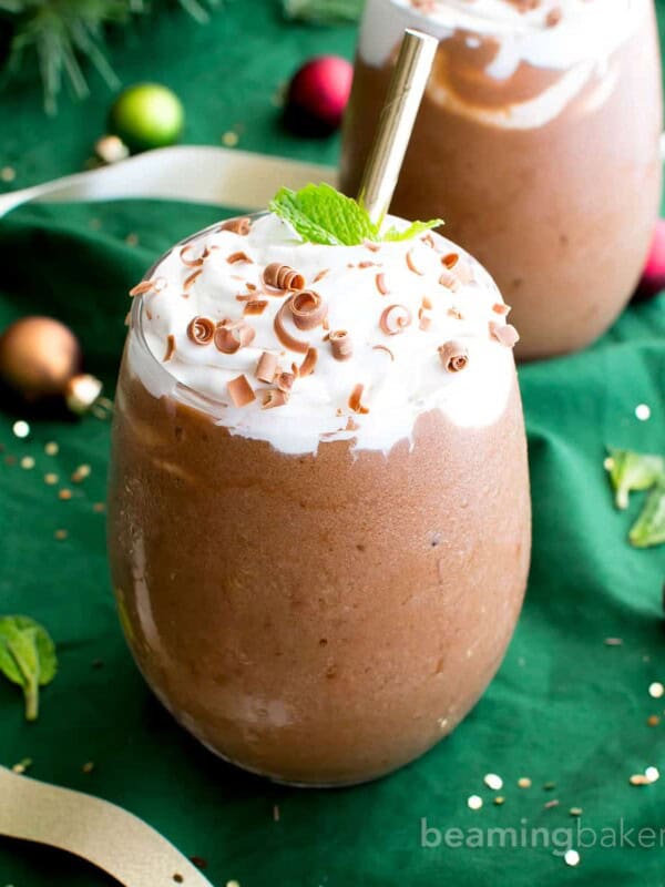 Vegan Peppermint Mocha Frappuccino (Paleo, V, GF, DF): an easy, whole ingredient recipe for minty, thick and chocolatey peppermint mocha frappes! #Vegan #Paleo #GlutenFree #DairyFree | BeamingBaker.com