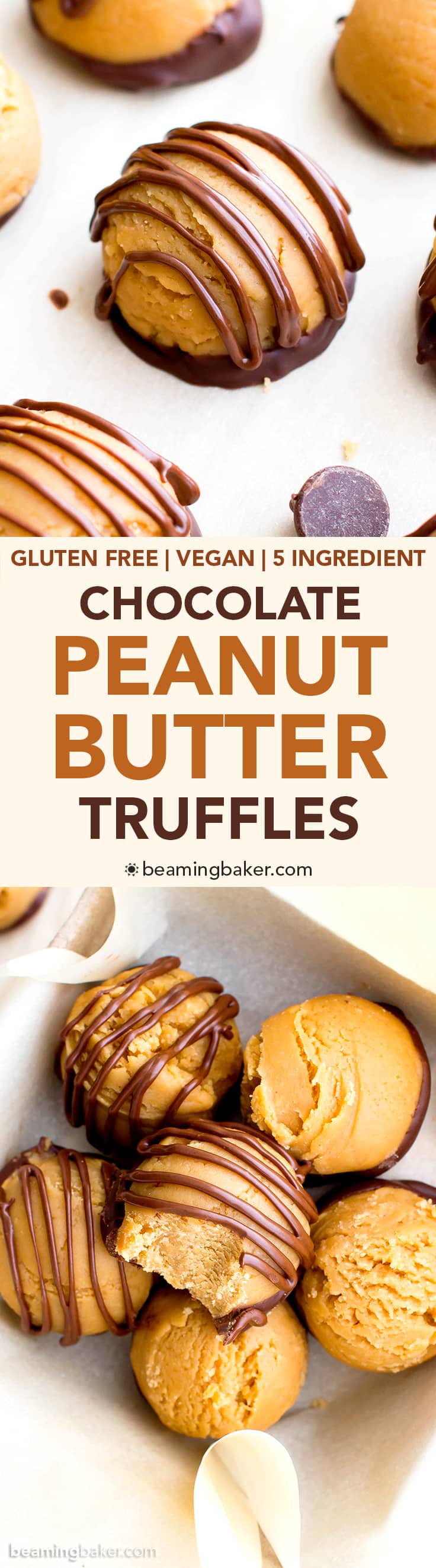 Gluten Free Vegan Chocolate Peanut Butter Truffles (V, GF, DF): an easy, 5 ingredient recipe for decadent peanut butter truffles dipped in chocolate. #Vegan #GlutenFree #DairyFree #Christmas | BeamingBaker.com