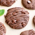 Vegan Triple Chocolate Peppermint Cookies (V, GF, DF): an easy recipe for decadent, soft-baked peppermint cookies bursting with chocolate. #Vegan #GlutenFree #DairyFree #OatFlour | BeamingBaker.com