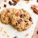 Maple Pecan Chocolate Chip Cookies (V, GF, DF): an easy recipe for deliciously soft and chewy oat flour chocolate chip cookies bursting with maple and pecans. #Vegan #GlutenFree #DairyFree #OatFlour | BeamingBaker.com