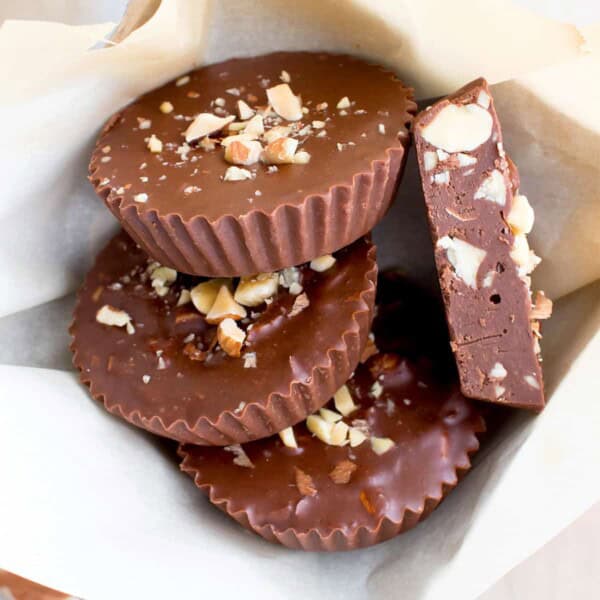 Paleo Chocolate Almond Butter Fudge Cups (V, GF, DF, Paleo): a 3-ingredient recipe for decadently rich almond butter fudge cups packed with almond crunch. #Paleo #Vegan #GlutenFree #DairyFree | BeamingBaker.com